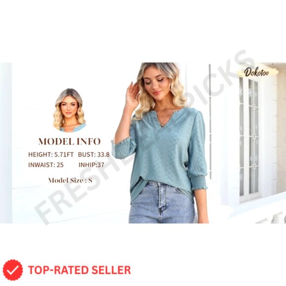 V-Neck Hollow Out Blouse 3/4 Sleeve Business Casual T-Shirt Elegant Chic - Picture 7 of 7